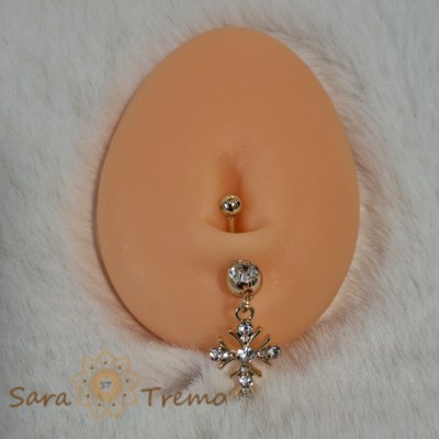 Piercing auriu de buric cu cruciulita si cristale - 5 cm, tija groasa foto