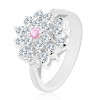 Inel cu braţe despicate, floare mare, transparentă cu un zirconiu roz &icirc;n mijloc - Marime inel: 49