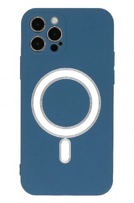 Husa iPhone 12 Pro din silicon cu MagSafe, silk touch, interior din catifea cu decupaje pentru camere, Albastru inchis foto