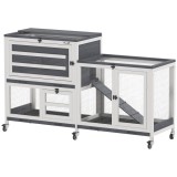 PawHut Cușcă cu 2 Nivele pentru 2-3 Iepuri, cu 6 Roți, Rampă, Acoperiș Rabatabil și Zonă Deschisă, 147x45x89,5 cm, Gri | Aosom Romania