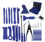 Cumpara ieftin Set albastru 46 piese extractoare pentru tapiterie auto, 32 x 23 x 5 cm, unelte demontare panouri, cleme, radio si ornamente, husa transport
