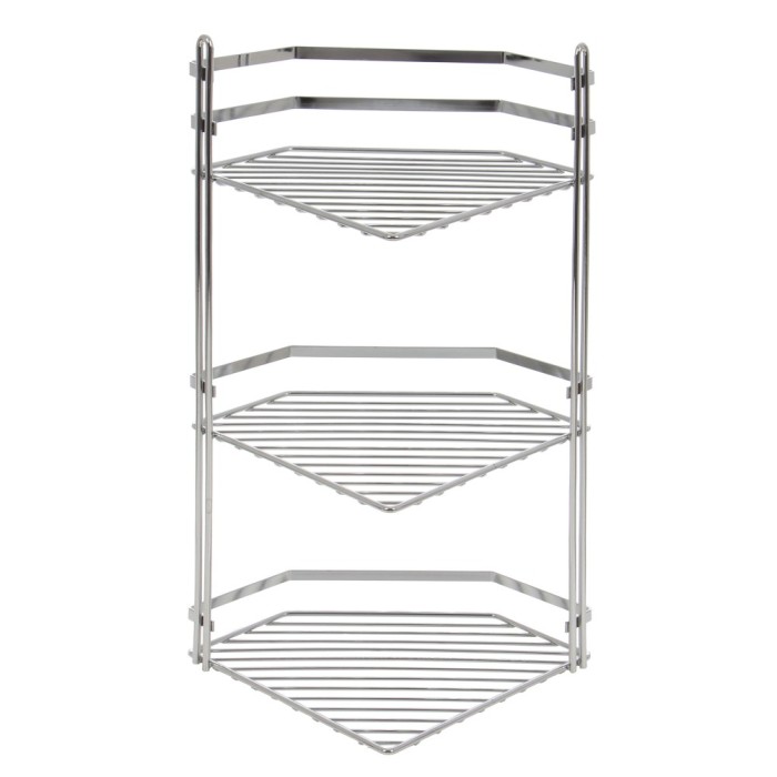 Etajera baie din metal ES076, montaj pe colt, finisaj cromat, trei rafturi, 20 x 20 x 50 cm