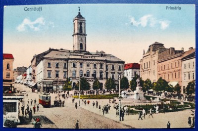 Bucovina - 1930 - Cernauti - Primaria - printata, color, circulata, foarte animata, timbru intact foto