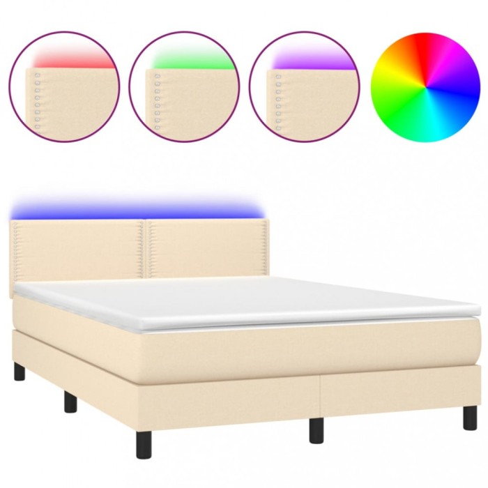 Pat cu arcuri, saltea si LED, crem, 140x190 cm, textil