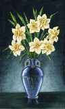 Tablou canvas Flori, narcise alve, vaza albastra, pictura, buchet, 60 x 90 cm