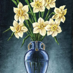 Tablou canvas Flori, narcise alve, vaza albastra, pictura, buchet, 70 x 105 cm