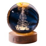 Lampa led decorativa, flippy, cu bila de cristal cu diametru 6cm, model brad de craciun 3d, alimentare usb, suport din lemn, lumina alb cald