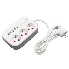 Prelungitor Multifunctional 3 prize - 2m cu 4 x USB 2,1A - PD si Intrerupator