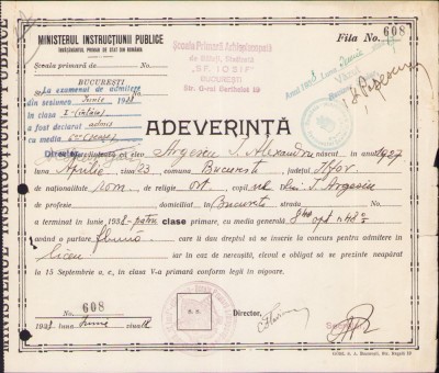 HST A1443 Adeverință absolvire 4 clase primare 1938 Sf Iosif București foto