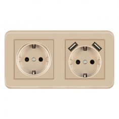 Priza Dubla De Perete cu 2 Porturi USB Techstar&reg; TS-PC, 110-250V, 16A, Ignifuga, 80x151mm, Auriu