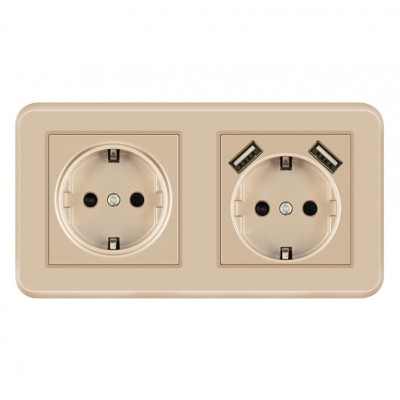 Priza Dubla De Perete cu 2 Porturi USB Techstar&amp;reg; TS-PC, 110-250V, 16A, Ignifuga, 80x151mm, Auriu foto