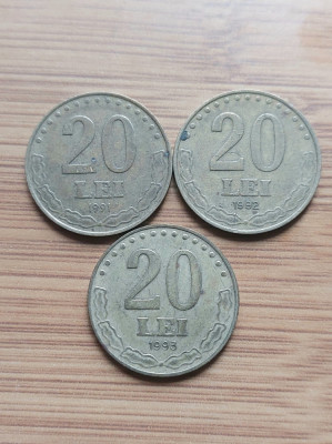 Moneda Romania 20 lei 1991,1992,1993 foto