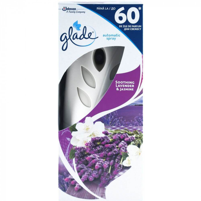 Set Aparat si Odorizant GLADE Soothing Lavender &amp; Jasmine, 269 ml, Set Odorizant de Camera cu Rezerva GLADE, Rezerva cu Odorizant de Camera GLADE, Set