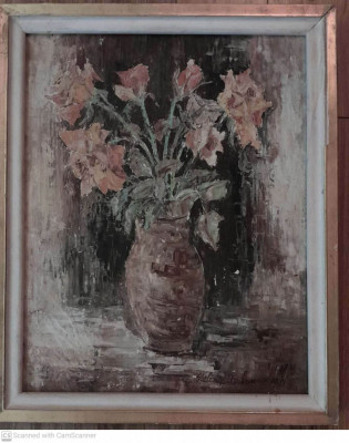 Flori in glastra 55x45 cm ulei pe panza Stelina Imbroane, familie clebra Banat foto