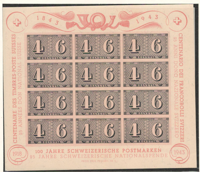 Elvetia 1943 Mi 419 bl 9 MNH - 100 de ani de timbre