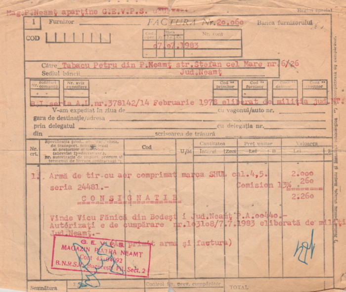 1983 Factura la cumpararea unei arme de tir din Consignatia de stat Piatra Neamt