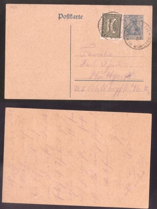 Germany Reich 1921 Uprated postcard postal stationery Wurtbg DB.039