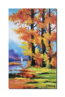 Tablou pictat manual, Peisaj feeric cu iola, 50x30cm ulei pe panza, gata de agatat pe perete foto