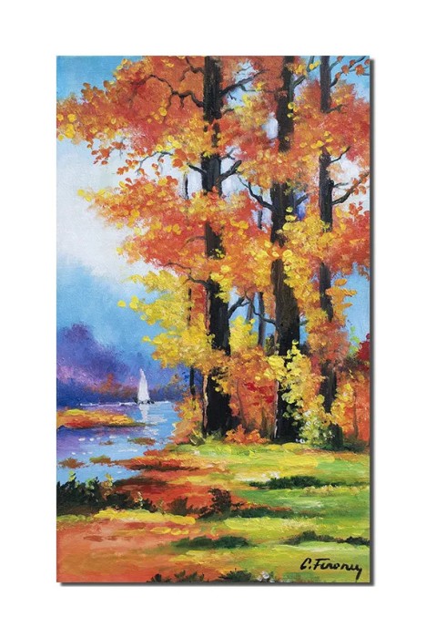 Tablou pictat manual, Peisaj feeric cu iola, 50x30cm ulei pe panza, gata de agatat pe perete