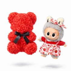 Cadou Labubu si Ursulet din Trandafiri 25cm cu Flori de Spuma, in Cutie Transparenta 30x17cm - rosu foto