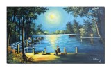 Cumpara ieftin Tablou scena linistita la malul apei, in lumina lunii, cu un pescar stand pe un ponton, pictat manual, 100x60cm ulei pe panza, Constantin Feraru