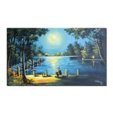 Tablou scena linistita la malul apei, in lumina lunii, cu un pescar stand pe un ponton, pictat manual, 100x60cm ulei pe panza, Constantin Feraru