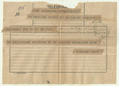 Telegrama Nicolae Iorga - 1930 foto