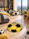 Cumpara ieftin Covor Rotund Camera Copii Minge Fotbal 11198-150, Marime 67 x 67 cm, Galben, Inaltime Fir 9 mm, Antialergic, Polipropilena, Gradinita, Cresa, Loc de J