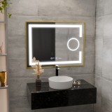 Oglinda LED Rectangulara, 80x60cm, Eclat MotionGlow Marcello, Sistem Dezaburire, Ceas &amp; Termometru, Lupa Cosmetica, Dimabila, Rama Auriu Brushed Moder