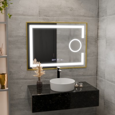 Oglinda LED Rectangulara, 80x60cm, Eclat MotionGlow Marcello, Sistem Dezaburire, Ceas &amp;amp; Termometru, Lupa Cosmetica, Dimabila, Rama Auriu Brushed Moder foto