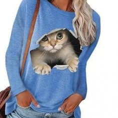 Bluza dama cu maneca lunga, Cute Kitty, print deosebit, blue