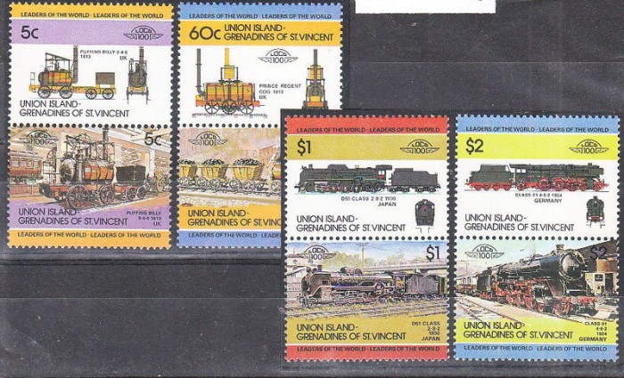 Union Island 1984 Trains, Railways, 4 pair, MNH G.356