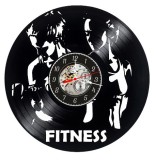 Ceas de perete decorativ realizat din disc de vinil, Model Fitness Couple, Siluete Sportivi si Text Fitness, Negru Premium, 30 cm