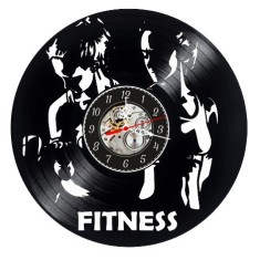 Ceas de perete decorativ realizat din disc de vinil, Model Fitness Couple, Siluete Sportivi si Text Fitness, Negru Premium, 30 cm