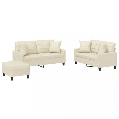 Set de canapele cu perne, 3 piese, crem, piele ecologica foto