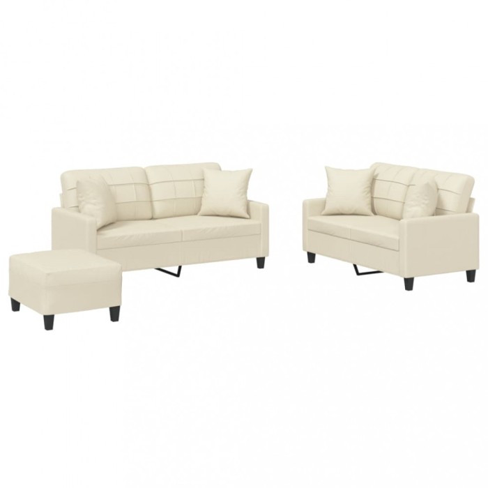 Set de canapele cu perne, 3 piese, crem, piele ecologica