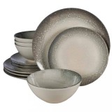 Set farfurii 12 piese, 4 persoane, Stone, Alb Ivoire cu gri, lucios