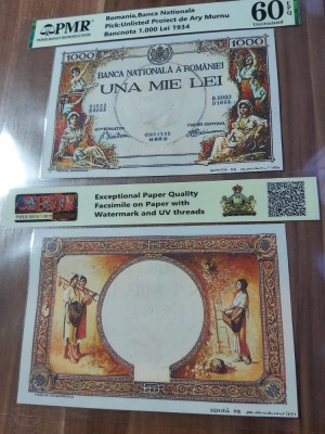 REPRODUCERE pe hartie cu filigran si fire UV proiect bancnota 1.000 Lei 1934 foto