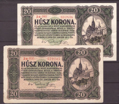 Ungaria 1920 - 20 korona, lot 2 buc, nuante diferite! foto