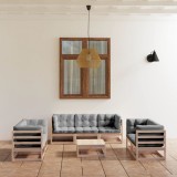 Set mobilier gradina lemn pin, 8 piese, perne gri incluse, canapea colt/mijloc, masa 70x70 cm