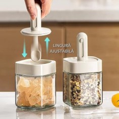 Set 2 recipiente condimente, din sticla, lingura reglabila, capac etans, capacitate 250ml, gri