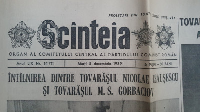 Ziarul Scanteia nr 14711, 5 Dec 1989, 6 pagini, intalnirea cu Gorbaciov foto