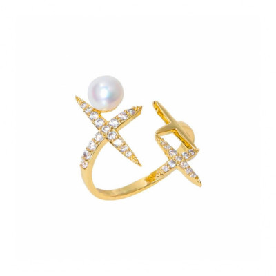 Inel Star Pearl, auriu, decorat cu pietre din zirconiu si perla, reglabil foto