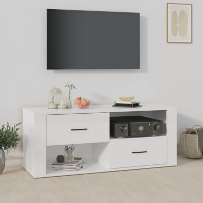 Comoda TV, alb extralucios, 100x35x40 cm, lemn prelucrat GartenMobel Dekor foto