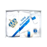 Trusou Botez, 6 Piese cu Text Imprimat "Cu drag din partea nasilor", Albastru, Coroana - TB171