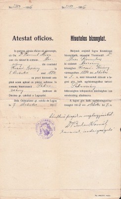 A3340N Atestat oficios aplicare ca preot greco-catolic Romulus Mioc, primar Petroșani, prefect județ Hunedoara, 1916, semnat olograf Corneliu Bulcu foto