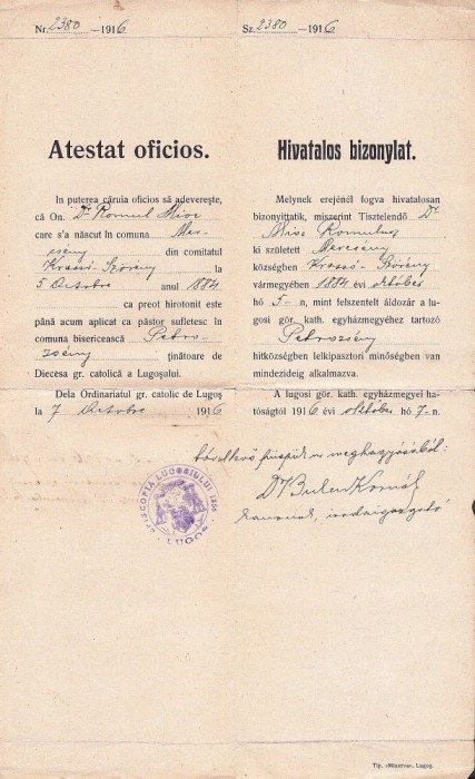 A3340N Atestat oficios aplicare ca preot greco-catolic Romulus Mioc, primar Petroșani, prefect județ Hunedoara, 1916, semnat olograf Corneliu Bulcu