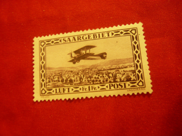 Timbru 1928 Germania Saargebiet - Aviatie , 1Fr ,sarniera