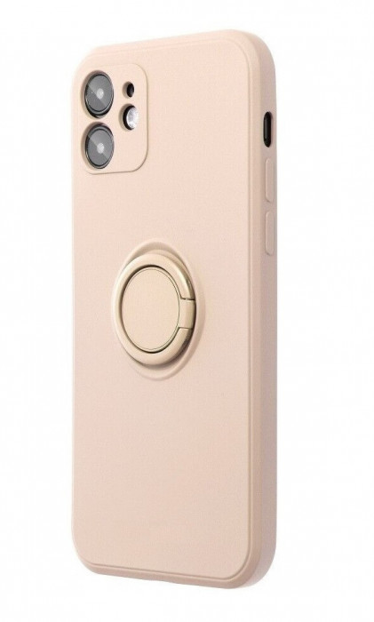 Husa compatibila cu iPhone 14 Plus, silicon, inel rotativ pentru prindere magnetica, interior din catifea, Roz Pal