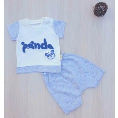 Compleu bebelusi tricou si pantaloni scurti panda alb cu bleu bumbac 0-9 luni